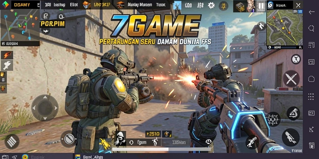 Screenshot utama gameplay 7GAME memperlihatkan aksi menembak yang intens.