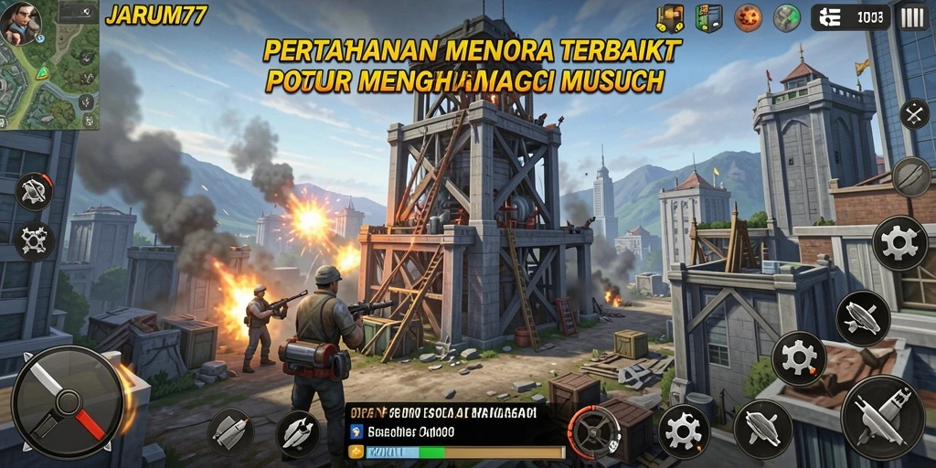 Tangkapan layar utama JARUM77 yang menampilkan aksi pertahanan menara yang mendebarkan.