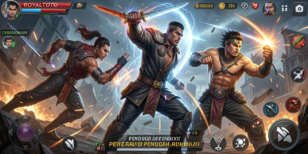Screenshot gameplay ROYALTOTO yang menunjukkan pertarungan seru dan karakter unik.