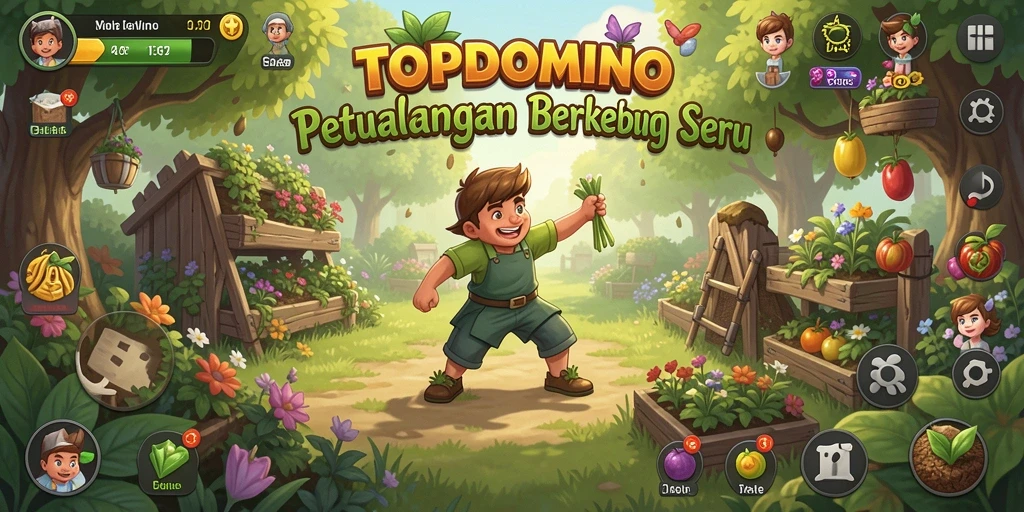 Tangkapan layar utama TOPDOMINO menampilkan gameplay seru bercocok tanam.